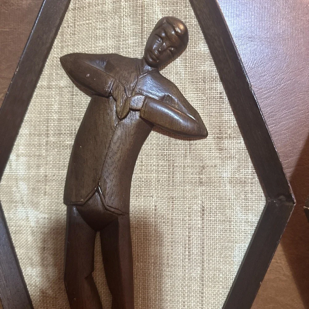Vintage Mid Century Style Carved Wall Art Burlap Teak Wood 24